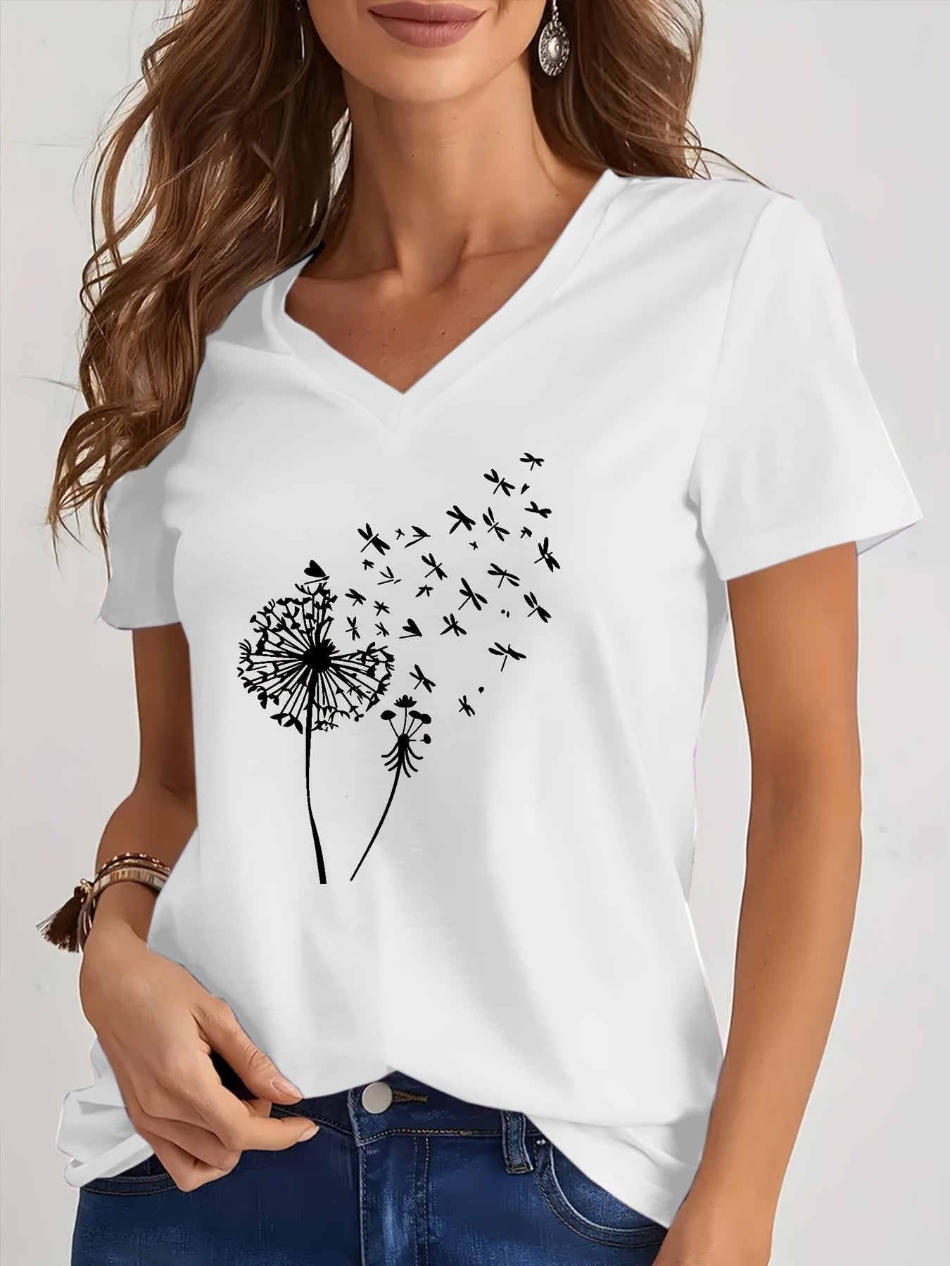 Dandelion Print V Neck T-Shirt, Casual Short Sleeve Top For Spring & Summer, Women's Clothing