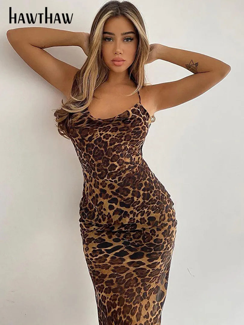 Hawthaw Women Autumn Winter Sleeveless Leopard Printed Bodycon Long Straps Dress Streetwear Fall Clothes Wholesale Items