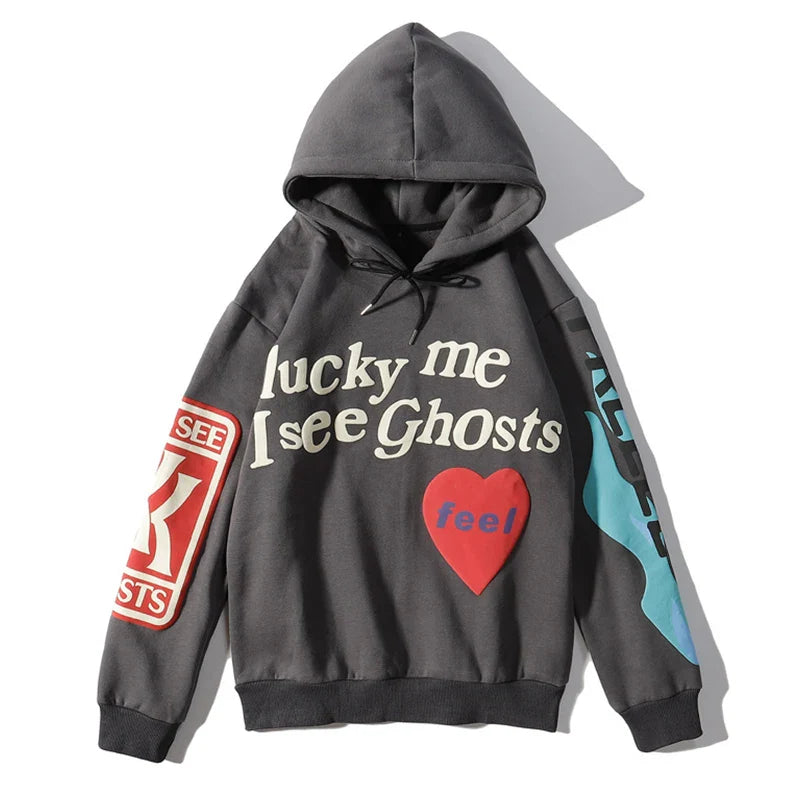 Funny Jacket Coats Women Lucky Me I See Ghosts Trendy Hip Hop Hooded Jackets Grey Streetwear Strange Things Pullover Outwear Men