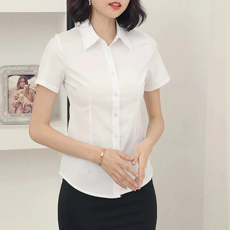 Fashion Woman Blouses V-neck Short Sleeve Solid Work Shirts Tops Pretty and Cheap Women's Blouse OL White Female clothing