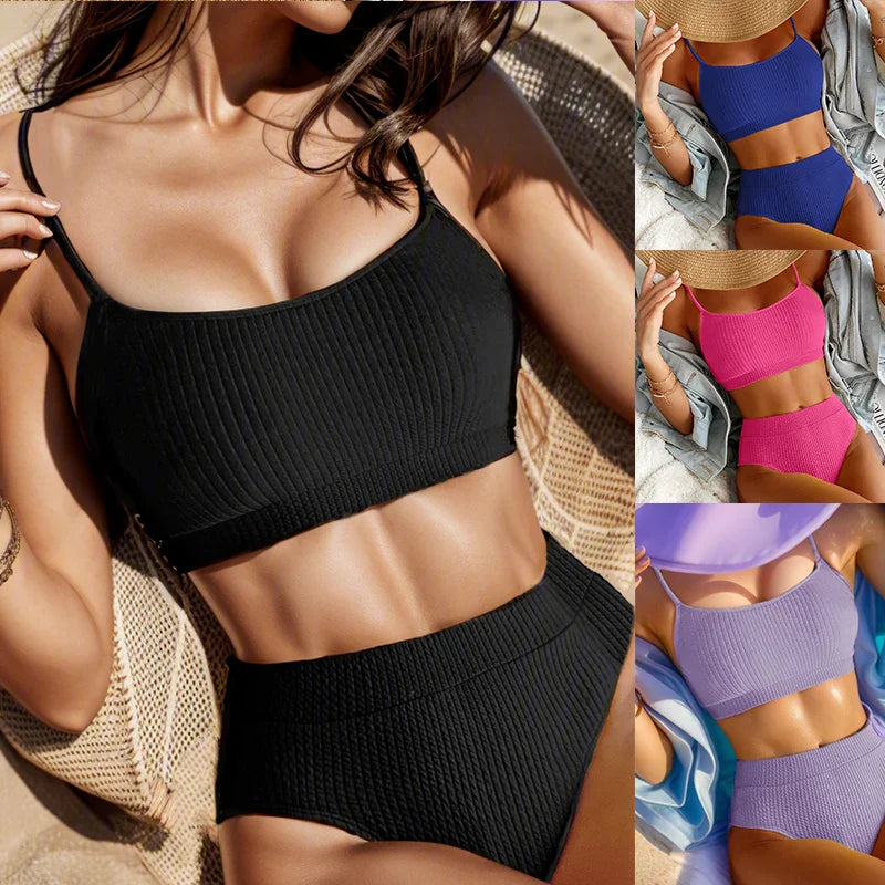 Female Swimming Suit Screw Thread Bikini Set 2 Pieces Sport Beach Suit Women Sport Bra with Triangle Shorts