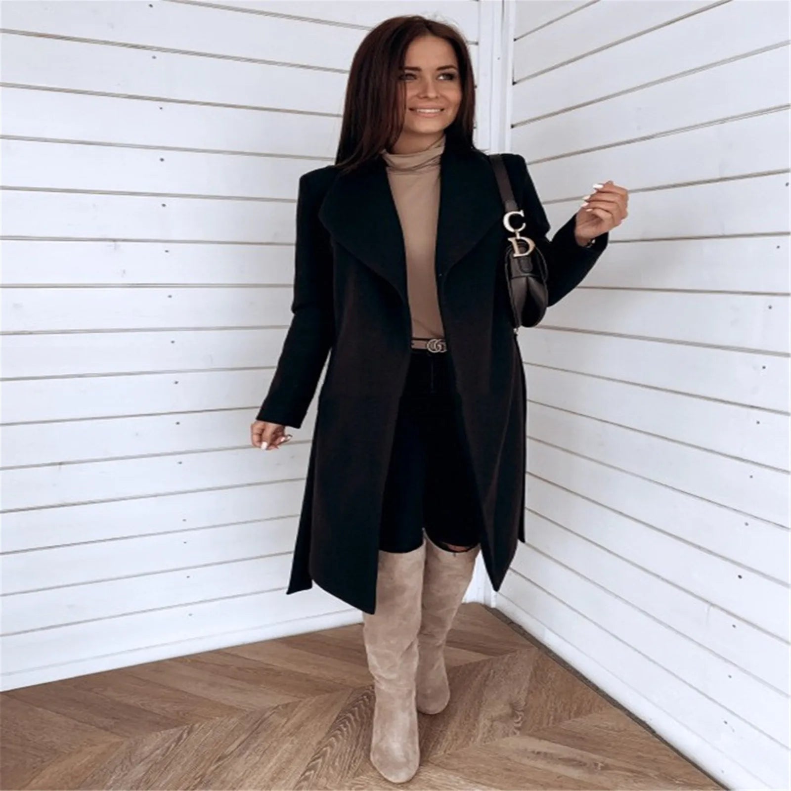 Autumn Winter Women's Coat Solid Color Long Sleeve Lapel Woolen Cardigan Warm Midi Trench Coat Single-Breasted Womens Jacket