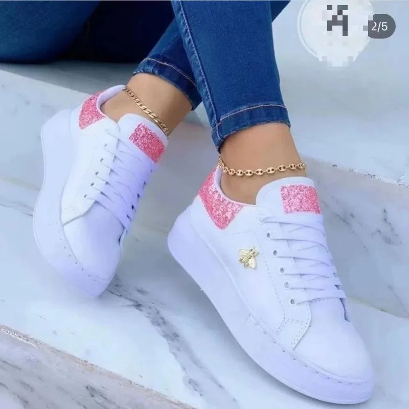 Casual Leather Shoes New Butterfly Decoration Round Toe Lace Up Women Vulcanized Shoes Fashion Non-slip Thick Sole Sneakers