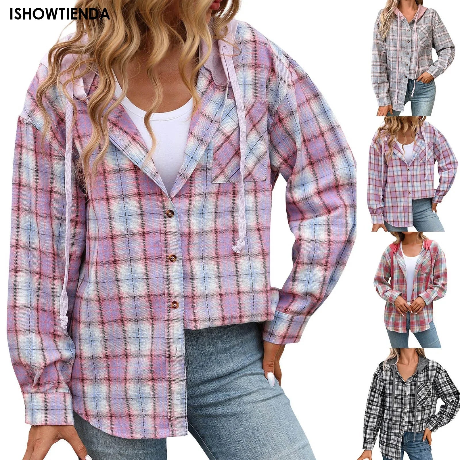 Blouse Women Shirts Plaid Women's Loose Spring Autumn Long Sleeve S Hooded Shirt Jacket Blusas Ropa De Mujer Harajuku Streetwear