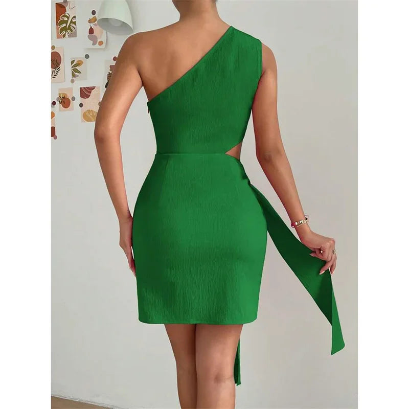 Fashion Hollow Out High Waist Lace-up Dresses Women Solid Color Slant Neck Sleeveless Backless Dress Female Office Commuter Gown