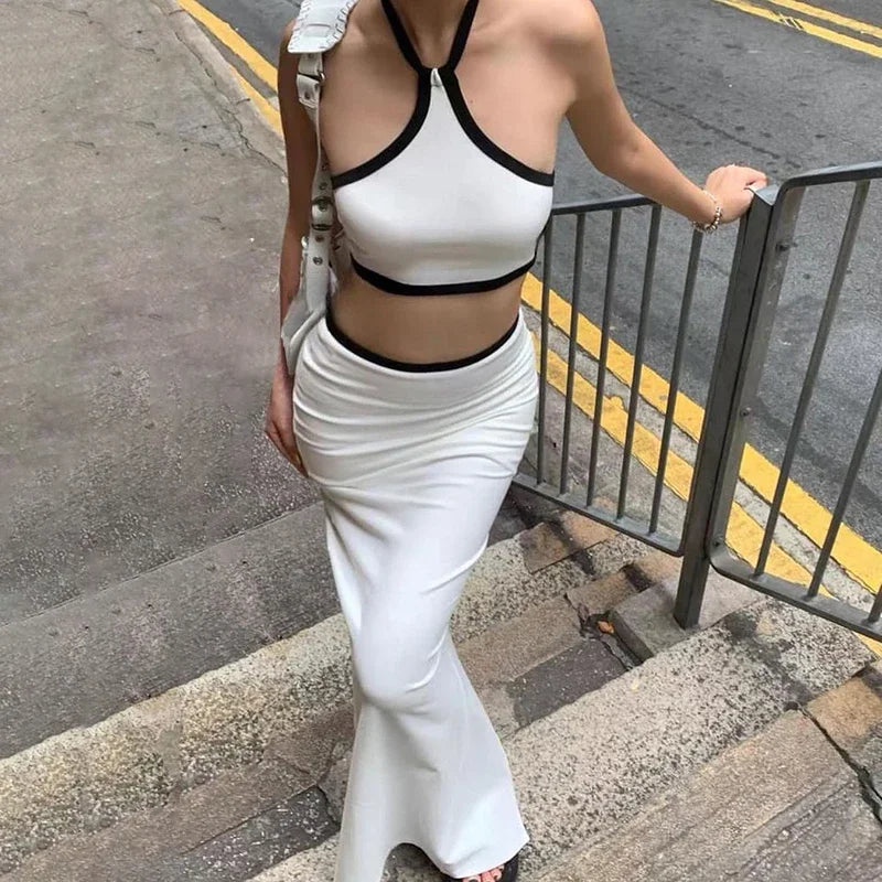 ALTGOTH New Streetwear Slim Camis Skirt Two Piece Set Women Fashion Sexy Halter Crop Top Split Skirt Solid Suits Female