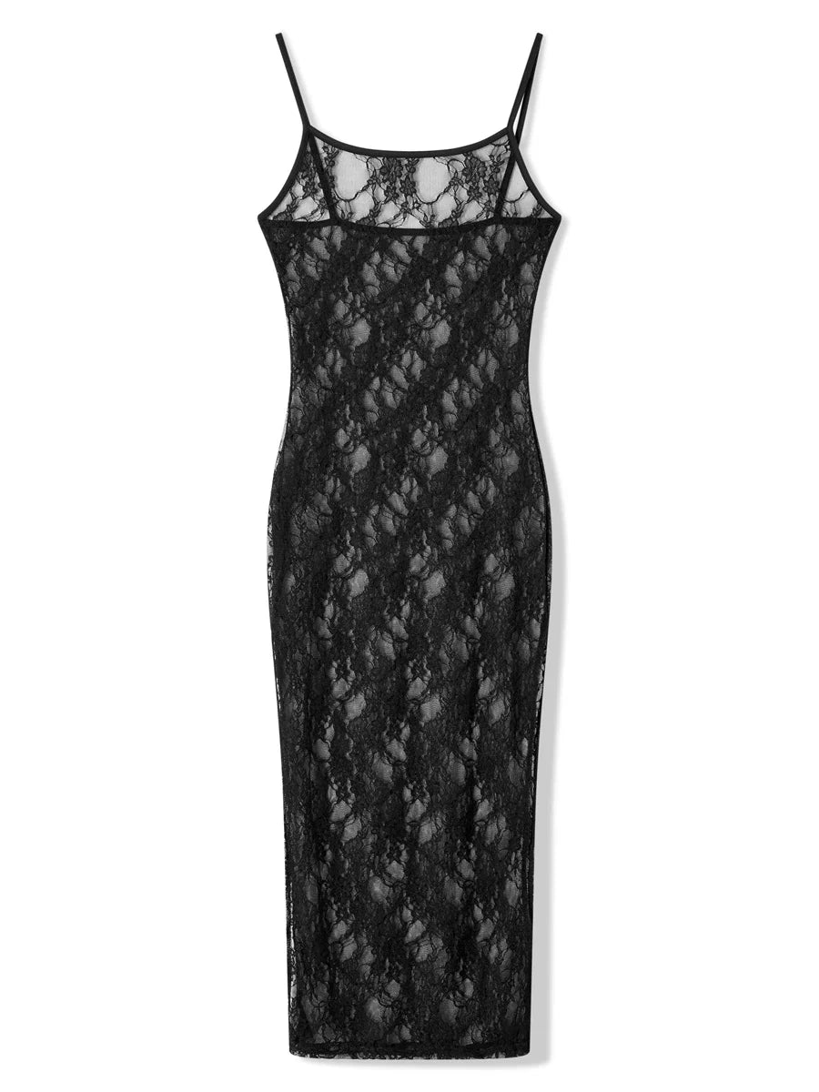 Fashion Spaghetti Strap See Through Midi Dress Women Black Sexy Sheer Mesh Lace Floral Dresses Chic Y2K Beach Outfits Vestidos