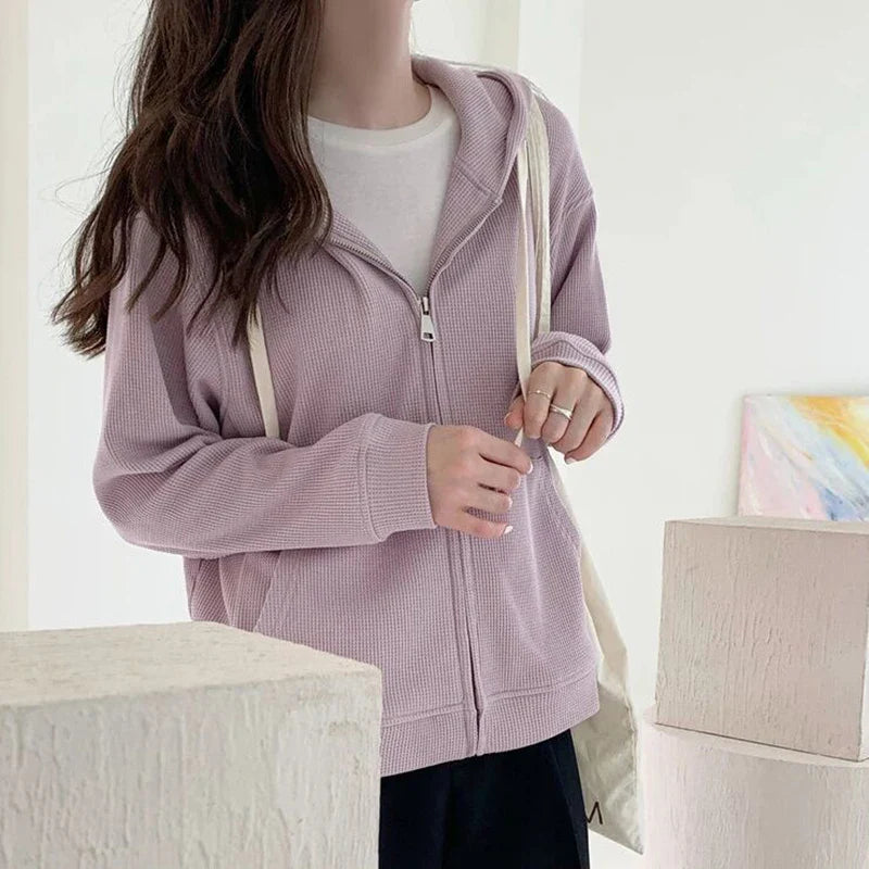 GIDYQ Zipper Hooded Sweatshirts Women Autumn Casual Preppy Style Long Sleeve Jackets Chic All Match Loose Female Tops Coat New