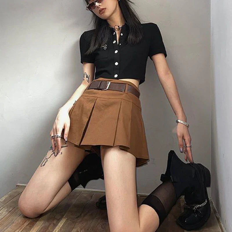 Gidyq Women Sexy Mini Skirt American Retro Pleated Skirt Female Summer Preppy Style Elegant All Match A Line Belt Skirt New