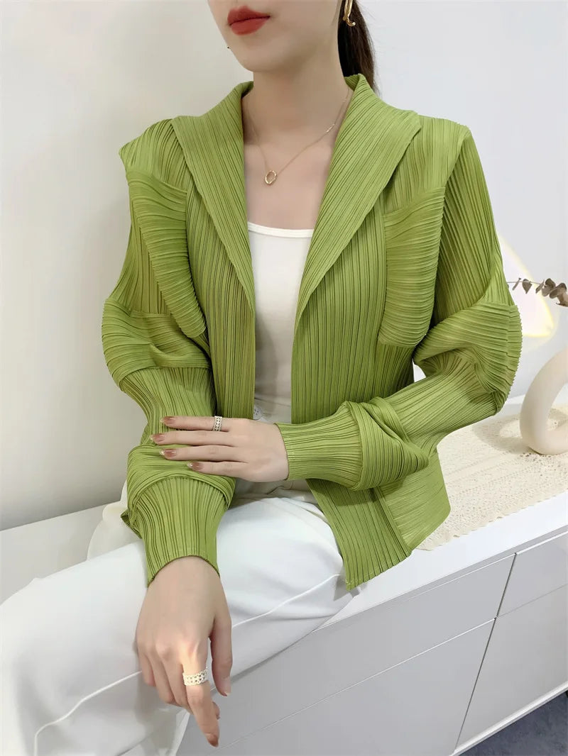 GVUW Pleated Lapel Jackets Women Solid Color Full Sleeve Chic Style New Autumn Female Open Stitch Loose Clothing 17G7912