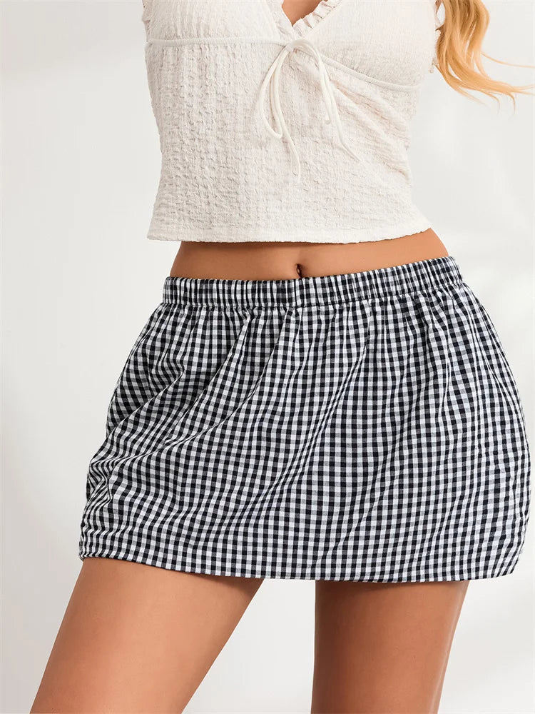 CHRONSTYLE Sexy Women Plaid Print Short Mini Skirts Elastic Low Waist Summer Party Loose Casual A-Line Skirts Streetwear