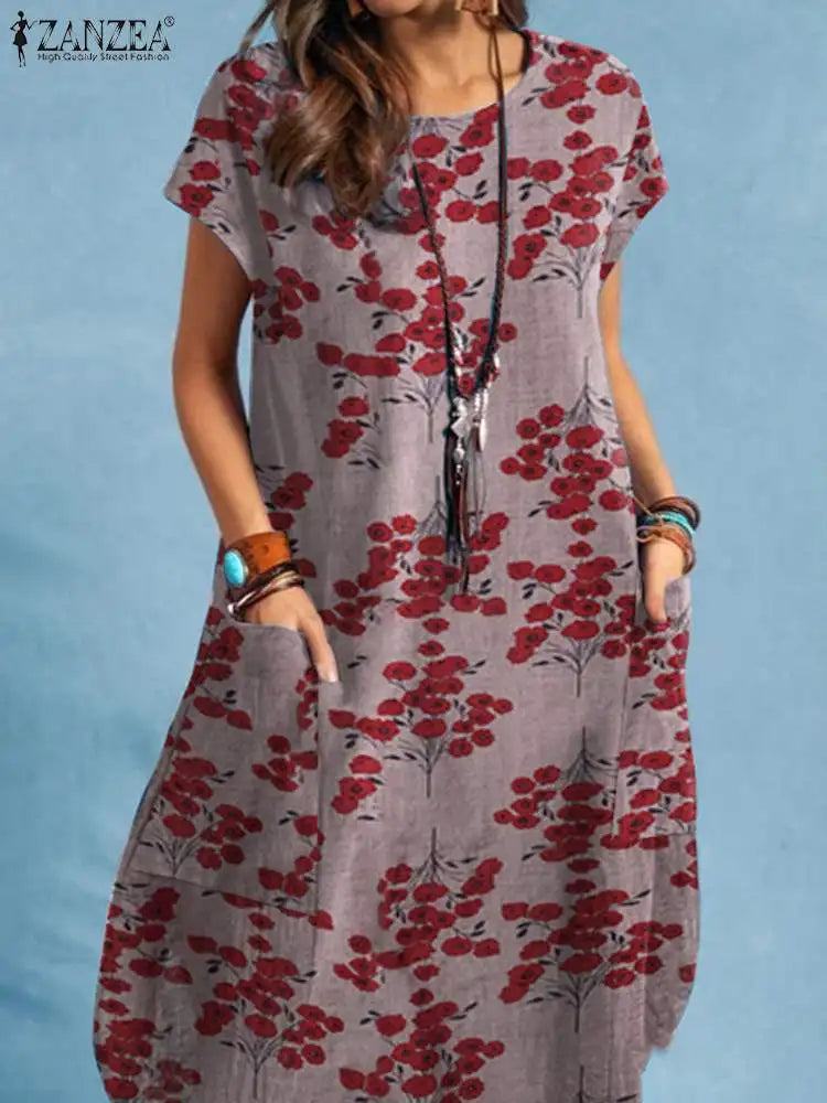 Bohemian Floral Print Dress ZANZEA Women Summer Sundress O-Neck Short Sleeve Robe Elegant Casual Baggy Vestidos Holiday Dresses