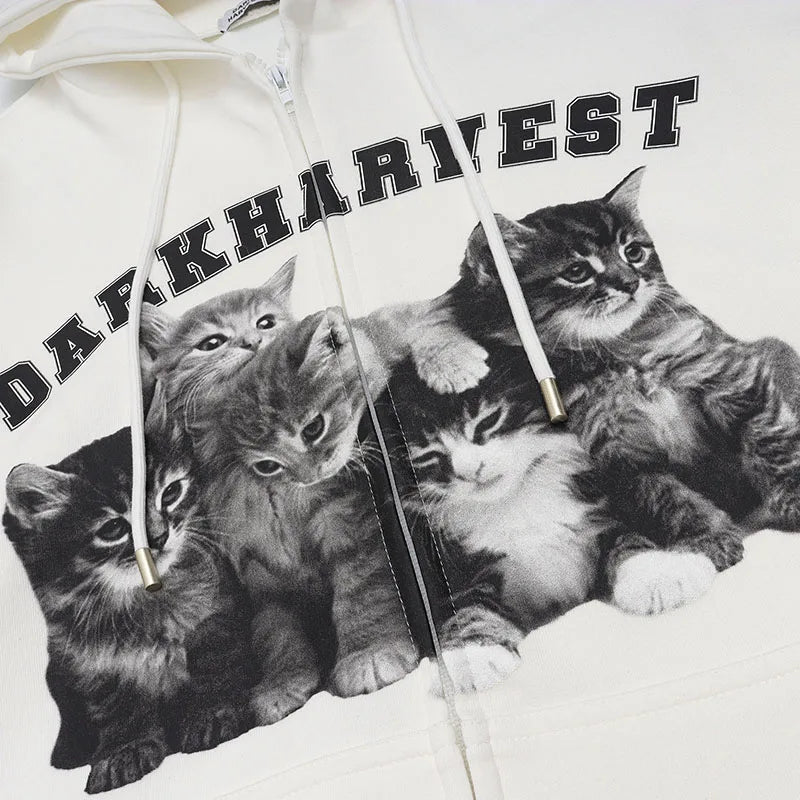 Cat Zipper White Hoodie