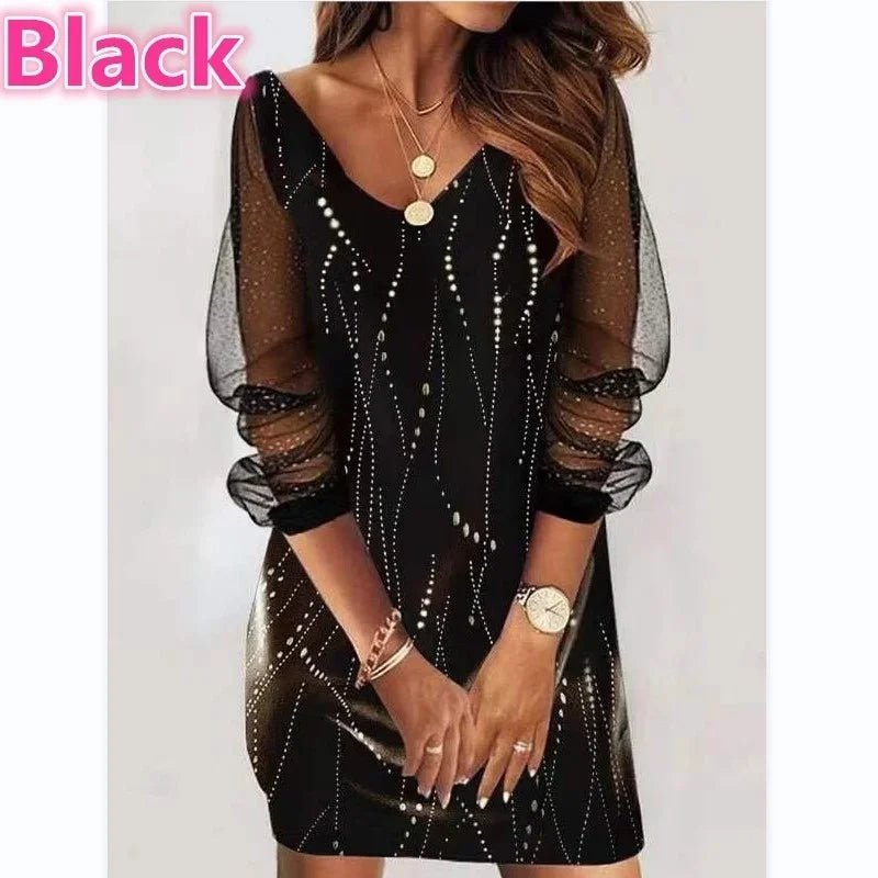 Autumn Womens Dress V-neck Heart Print Butterfly Transparent Mesh Femme Long Sleeve Panel Female Dress Fashion Party Dress