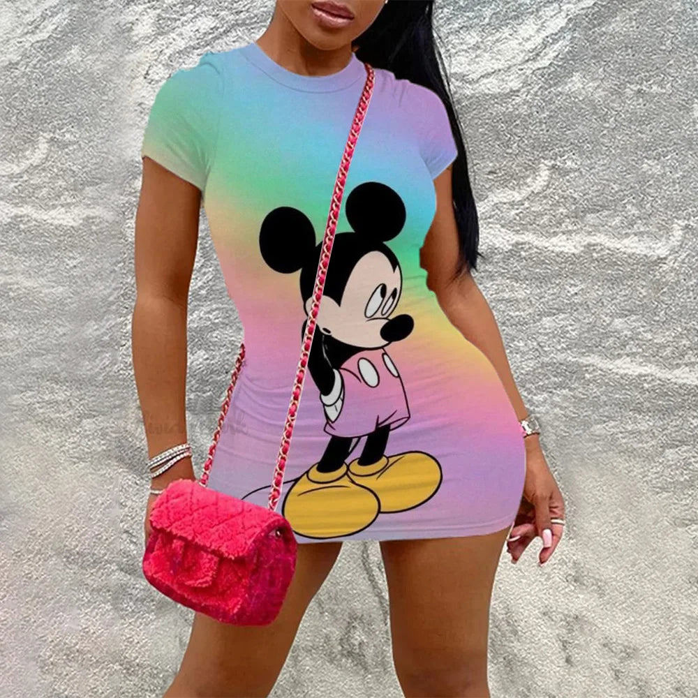 Disney Mickey Printed Women's Plus Size Casual Sleeveless O-Neck Tight Dress Spring/Summer High Waist Slim Fit Cover Mini Dress