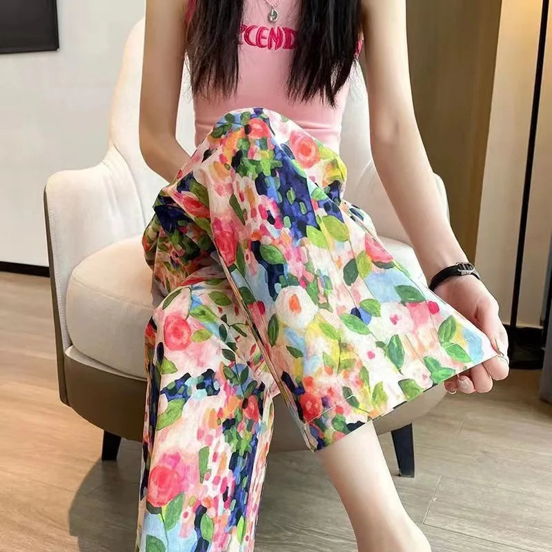 Bohemian Printed Pants Women Summer Elastic Waist Long Pant Female Casual Pockets Wide Trousers