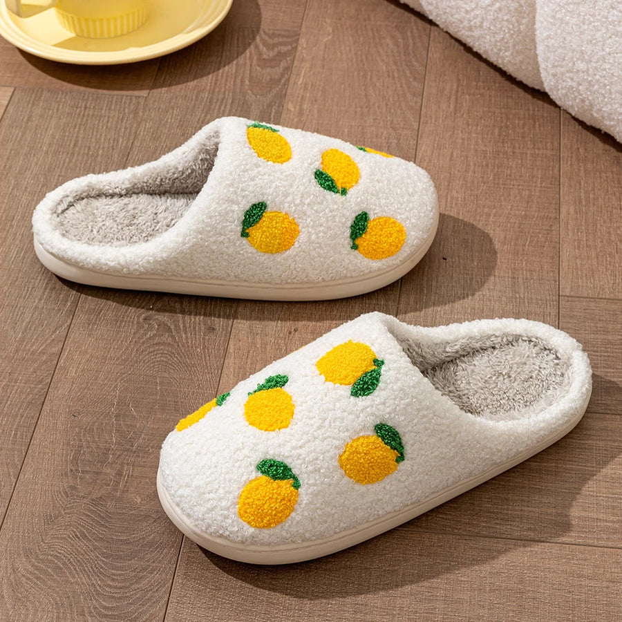 Cute Fruit Women Slippers Winter Indoor Warm Soft Sole Breathable Comfort Anti-slip Bedroom Causal Flat Cotton Shoes