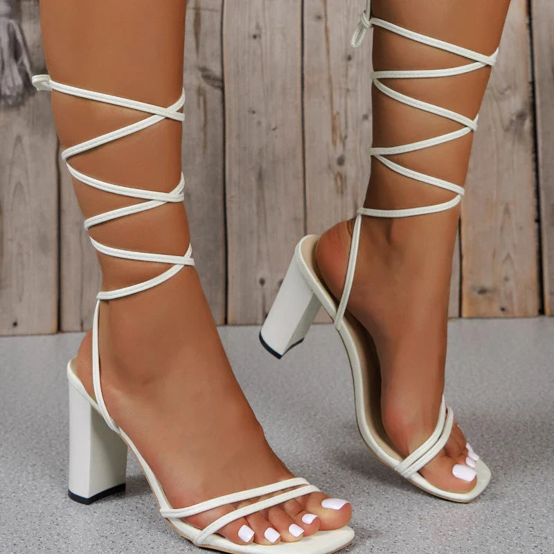 BCEBYL New Summer Elegant Strap Solid Color Square Toe High Heels Open Toe Fashion Sexy Banquet Women's Shoes