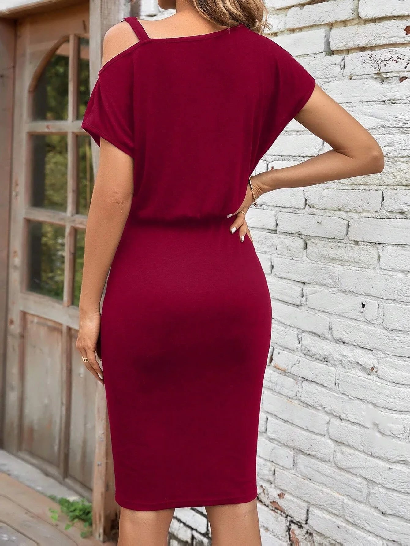 Cold Shoulder Solid Dress, Elegant Short Sleeve Dress For Spring & Summer, Women's Clothing