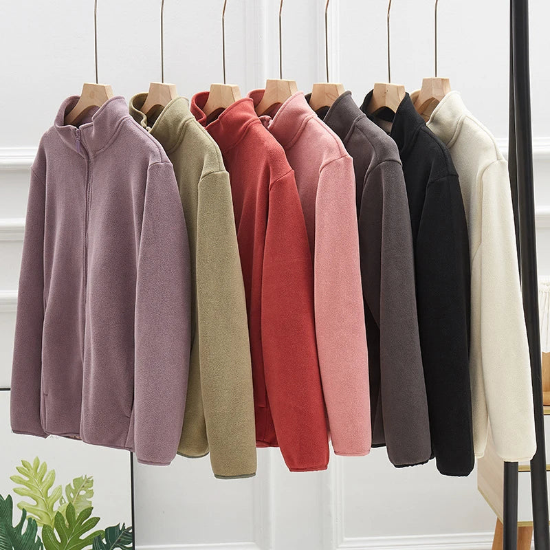 Autumn Winter Stand Collar Fleece Jacket Women All Match Solid Color Zipper Up Coat Woman Chic Warm Long Sleeve Cotton Jacket