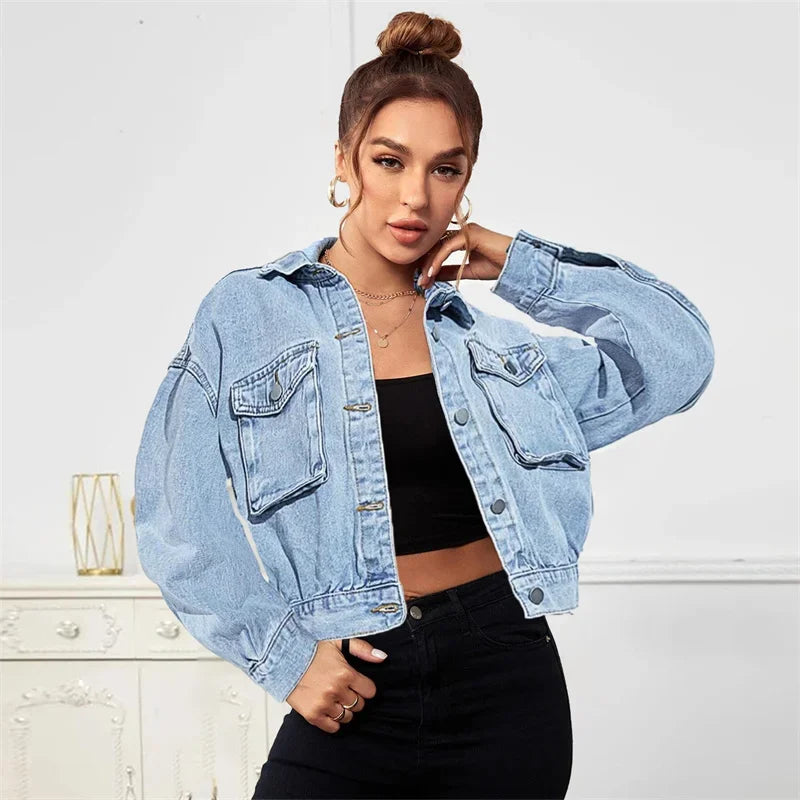 Fashion 3D Pocket Splice Jacket Women Single-breasted Cardigan Outerwear Female Denim Short Coat Spring Autumn Casual Streetwear