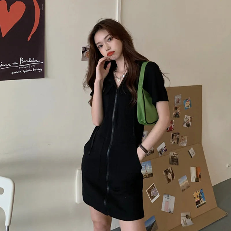 CGC New Korean Fashion Zipper Short Dresses For Women Casual Short Sleeves Hooded Dress Slim Solid Female Party Dresses