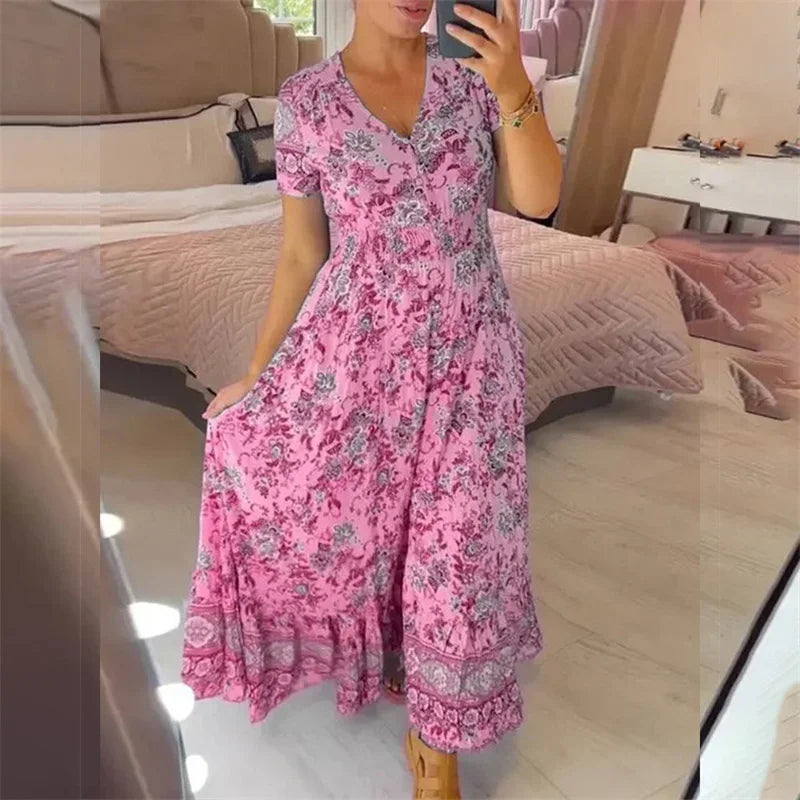 Elegant Women Flower Print Deep V Neck Dresses Elastic Waist Splice Pleated Hem Dress Female Single-breasted Cardigan Gown