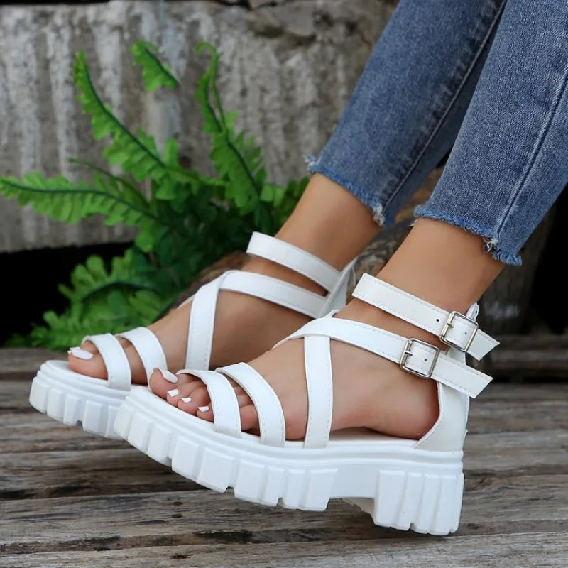 Fashion Chunky High Heels Roman Sandals for Women Summer Ankle Strap Plarform Sandals Woman Strap Thick Heeled Party Shoes