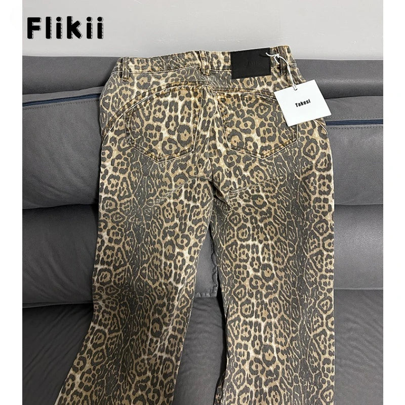 American Retro Leopard High Waist Baggy Jeans Women's Casual Pockets Hip-hop Pants Spring Y2K Oversiz Panther Denim Trouser