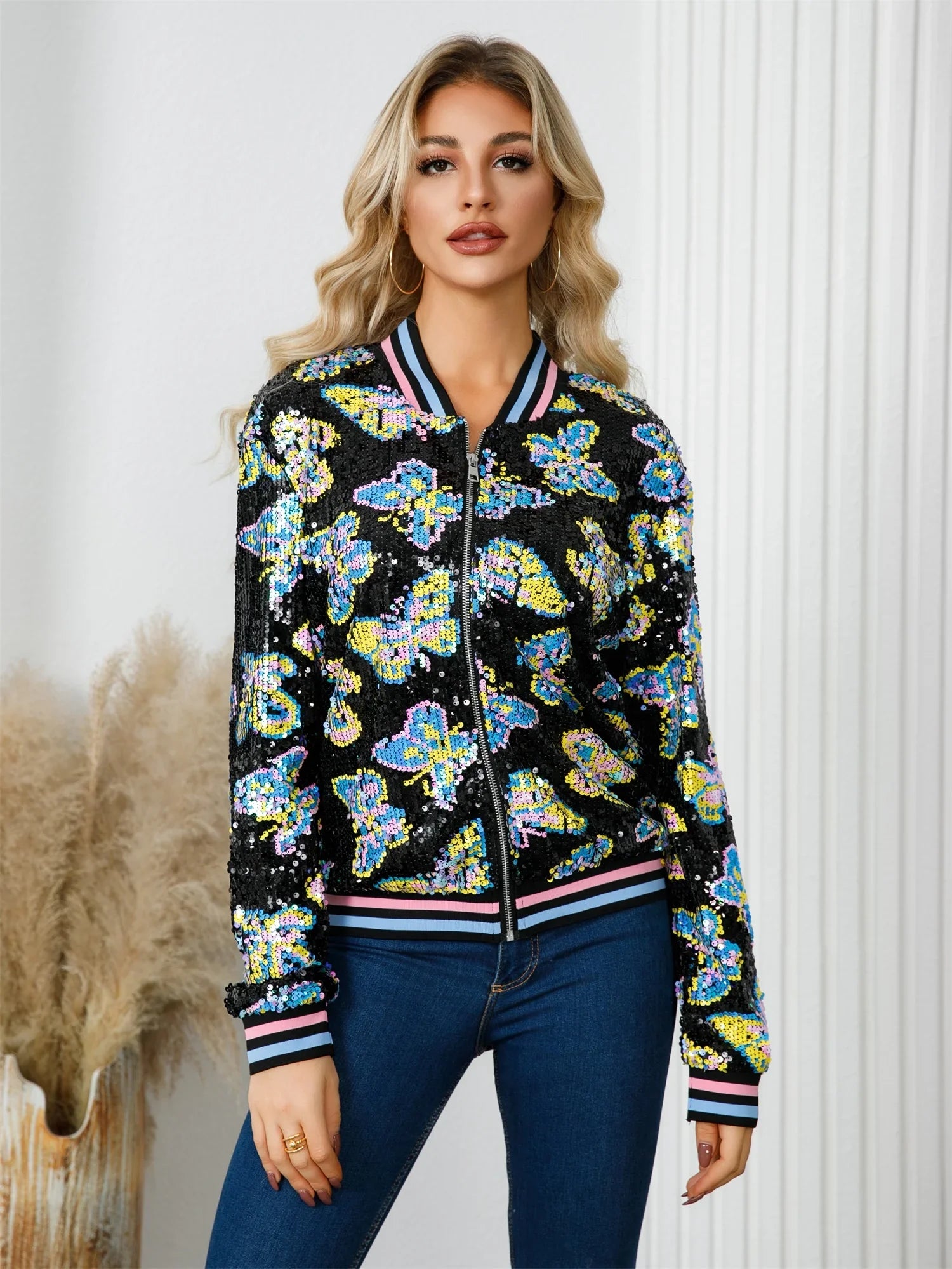 Butterfly Pattern Beaded Jacket, Stylish Long Sleeve Zipper Jacket For Spring & Fall, Women's Clothing