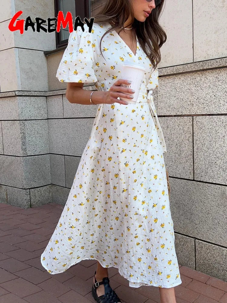 Casual Women's Summer Dresses 100% Cotton Floral Print A-line Midi Dress with Side Slits Long Elegant White Dress for Women