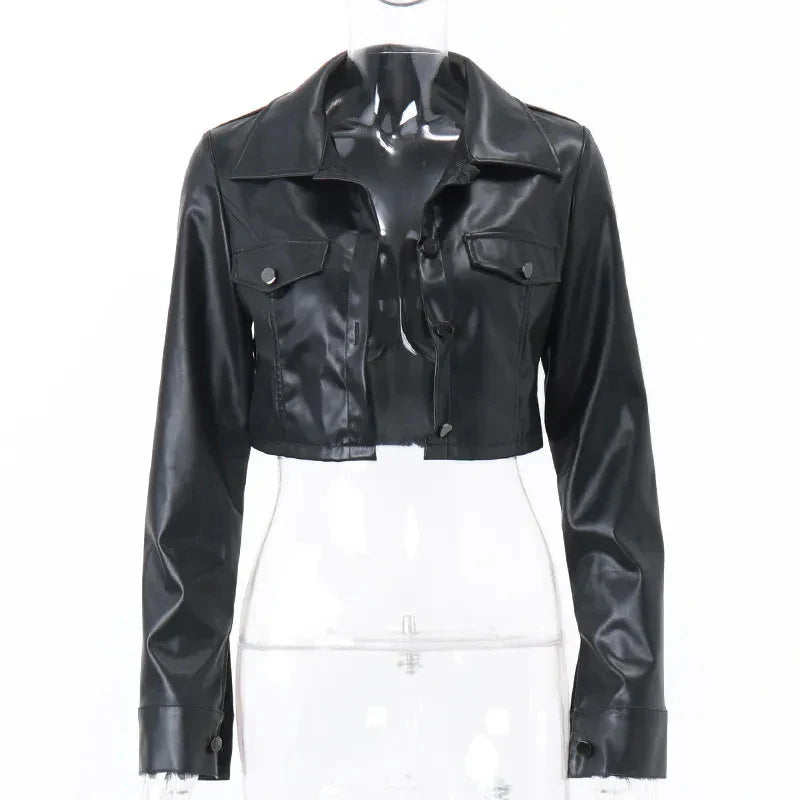 American Pu Leather Jacket Women Black High Street Fashion Casual Long-Sleeved Button Coat Slim Harajuku Y2K Sexy Cropped Tops