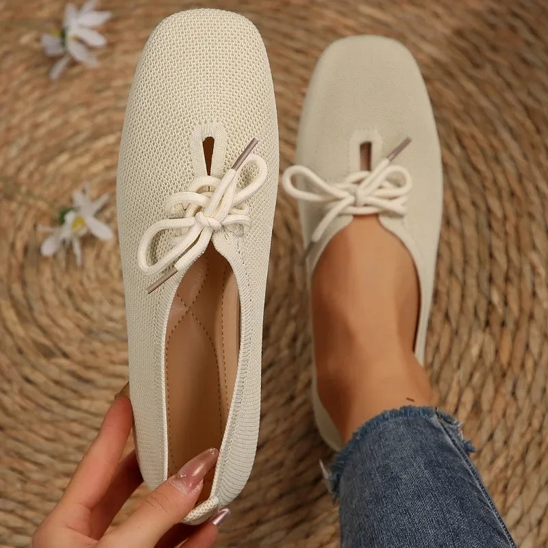 Autumn Mesh Breathable Women's Flat Shoes Solid Simple Ballet Flats Female Casual Lace-up Walking Shoes for Women