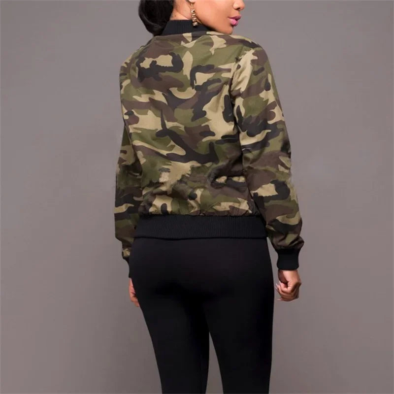 Fashion Women Camouflage Jacket Autumn Winter Stand-up Collar Zipper Cardigan Outerwear Daily Casual Female Double Pockets Coat