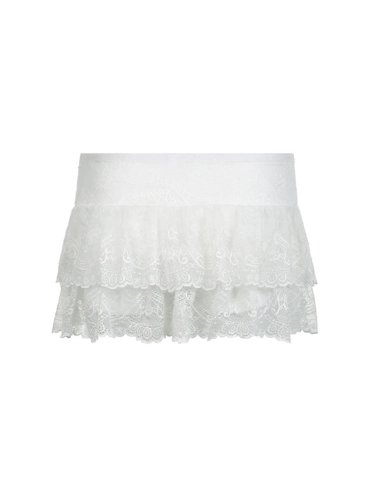 Black Solid Low Waist Tiered Lace Shorts Skirts Womens White Fairycore Micro Boho Skirt