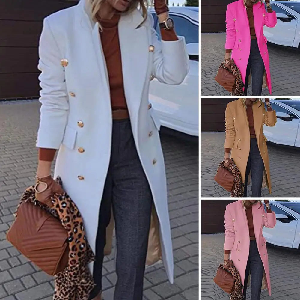 1Pc Women Autumn Winter Woolen Coat Lapel Long Sleeve Double Breasted Coat Pockets Knee-length Women Coat for Outwear Streetwear