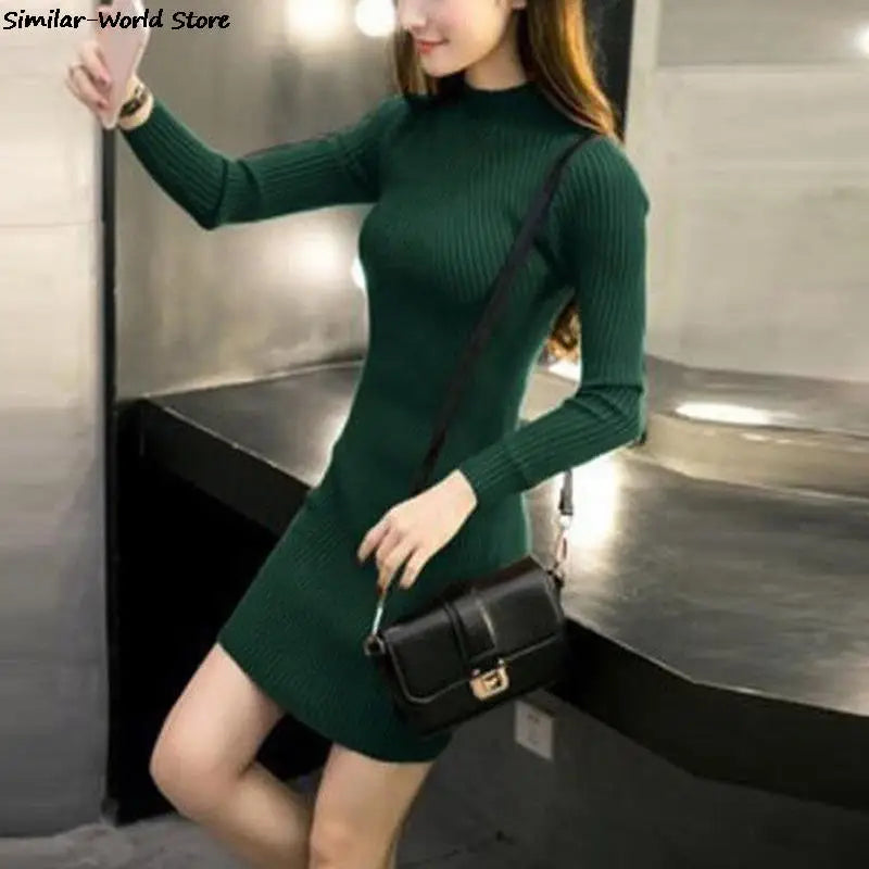 Female Autumn Winter Midi Sweater Dress Women Sexy Bodycon Dress Long Sleeve Solid Basic Knitted Dress Knitwear Dress