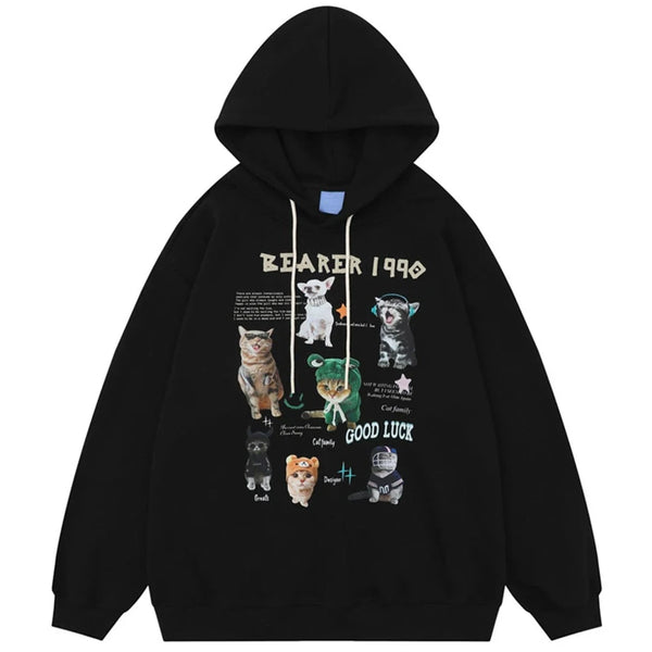 Cats Graphic Hoodie Black Y2K