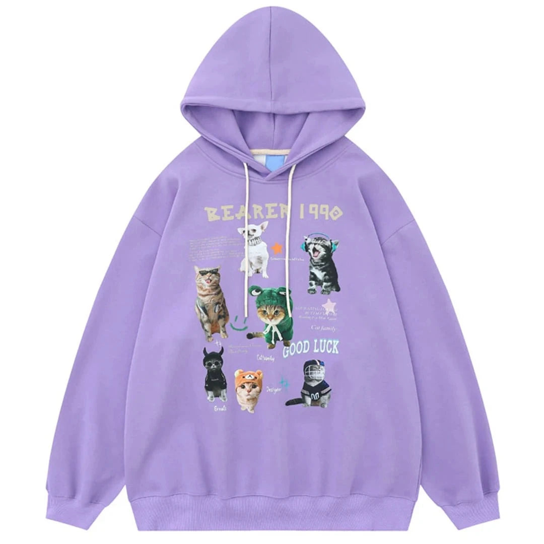 Cats Graphic Hoodie Purple Y2K