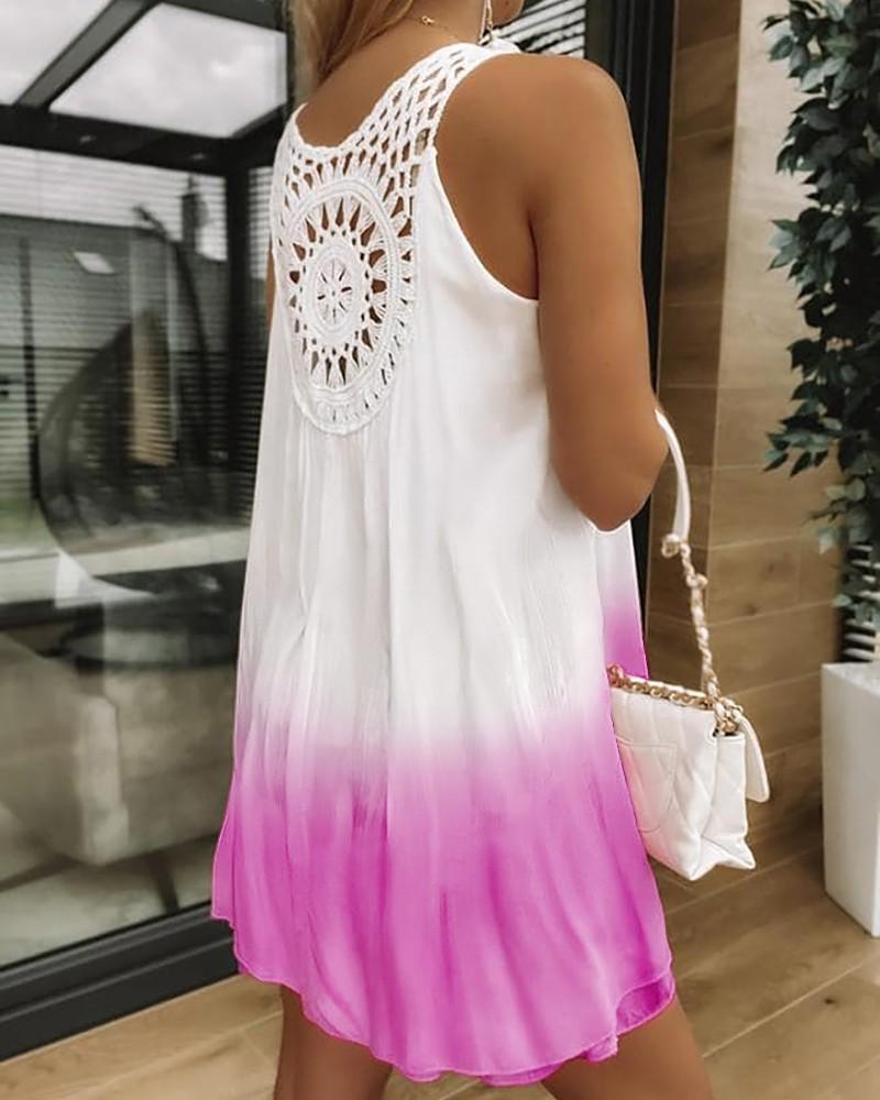 Gradient Tie Dye Print Hollow-out Crochet Lace Summer Dress