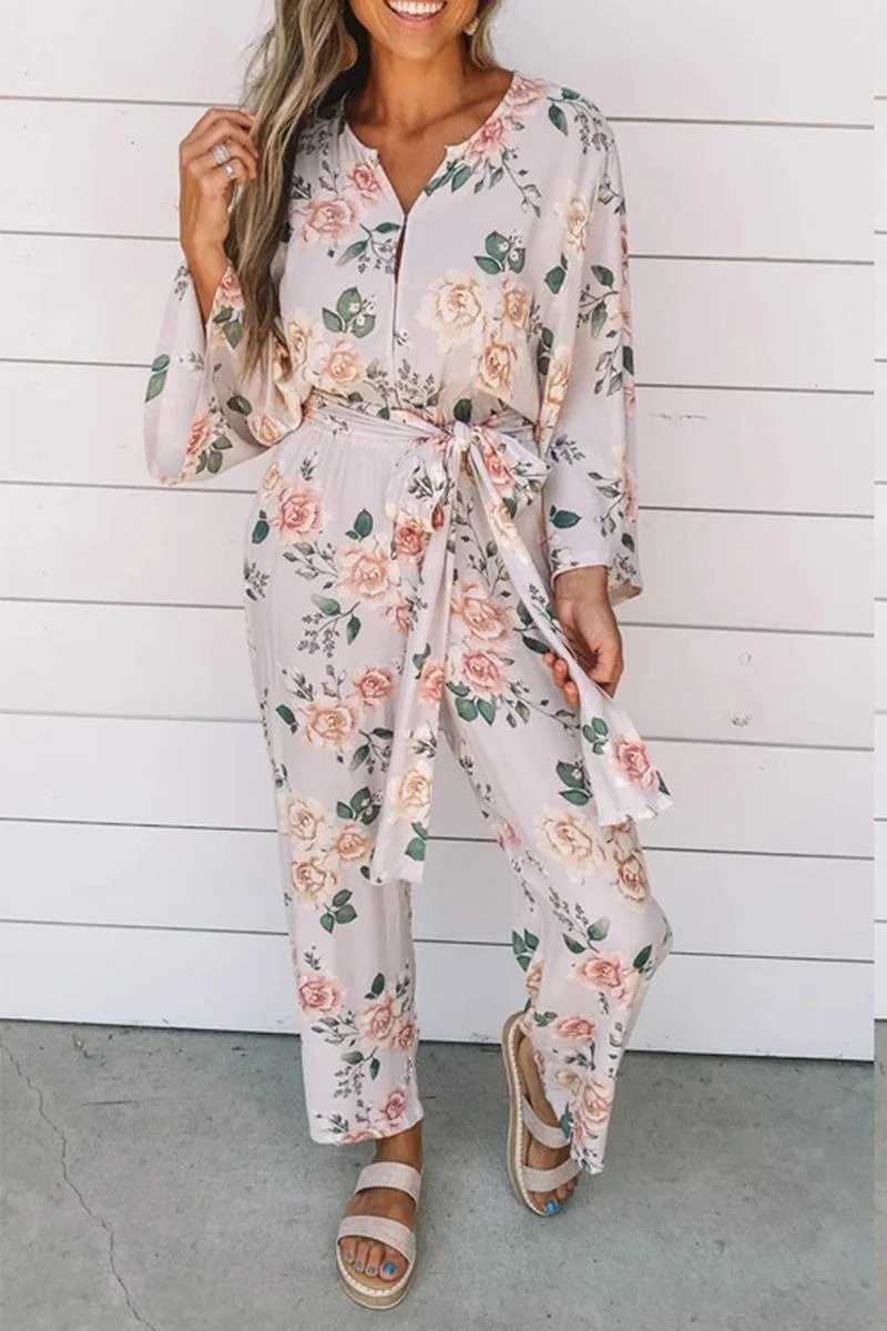 Fashion Print Split Joint V Neck Jumpsuits