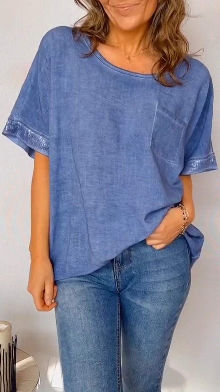 Women's Round Neck Short Sleeve Cotton and Linen Top