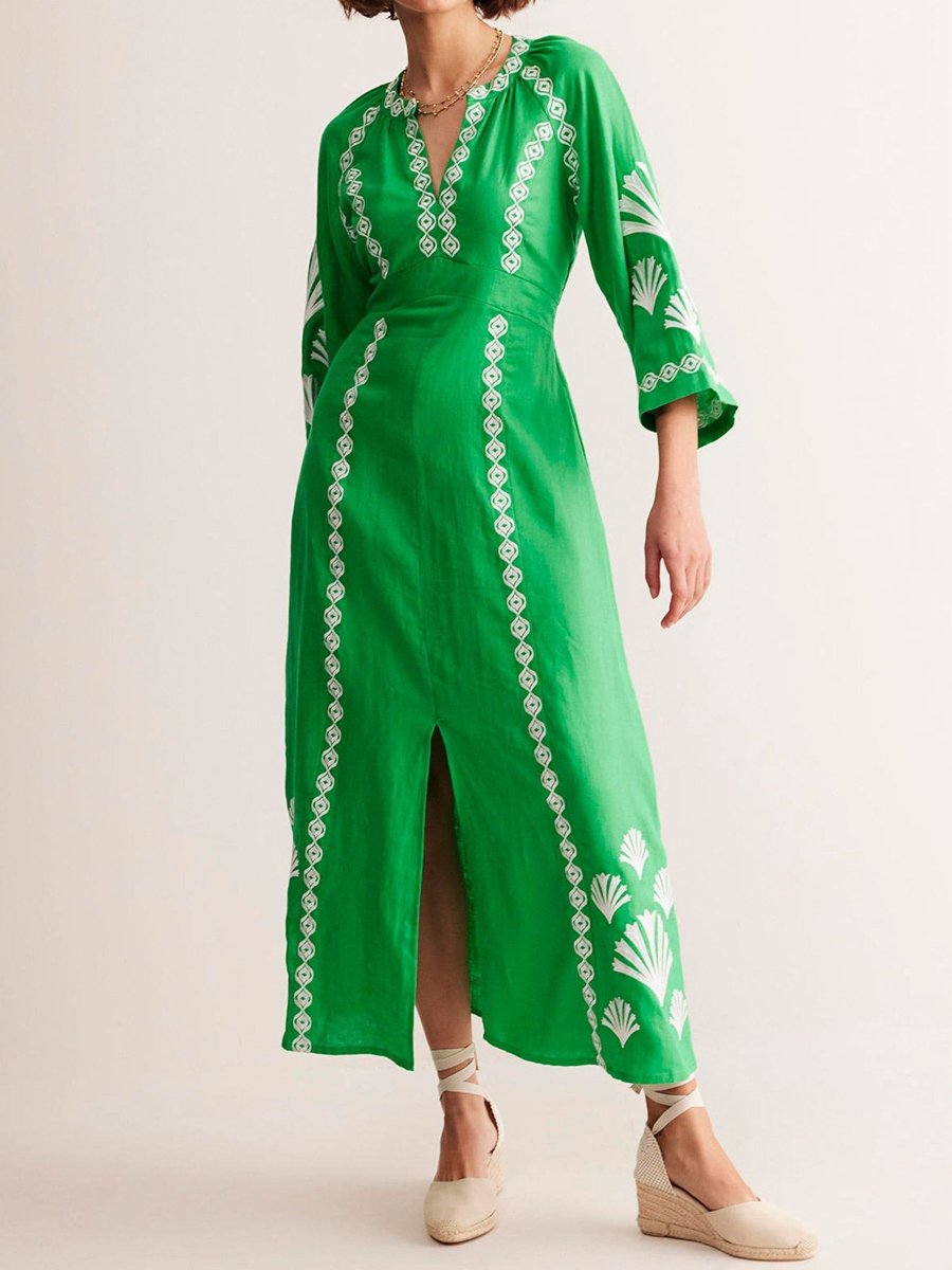 Split Neck Printed Embroidered Dress