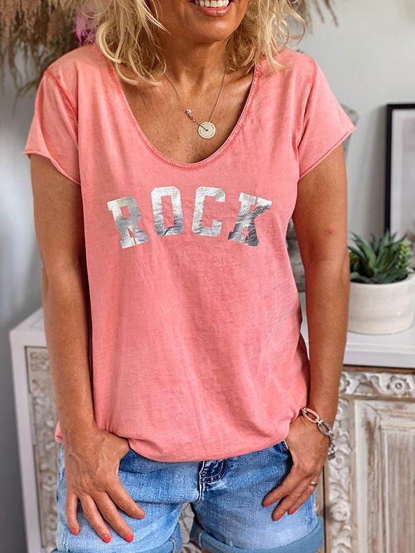 V-neck Short-sleeved Rock Print T-shirt