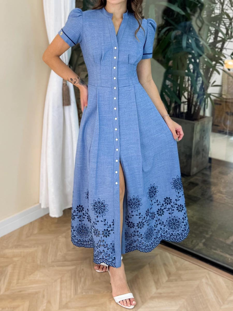 Puff Sleeve Button Up Embroidered Dress