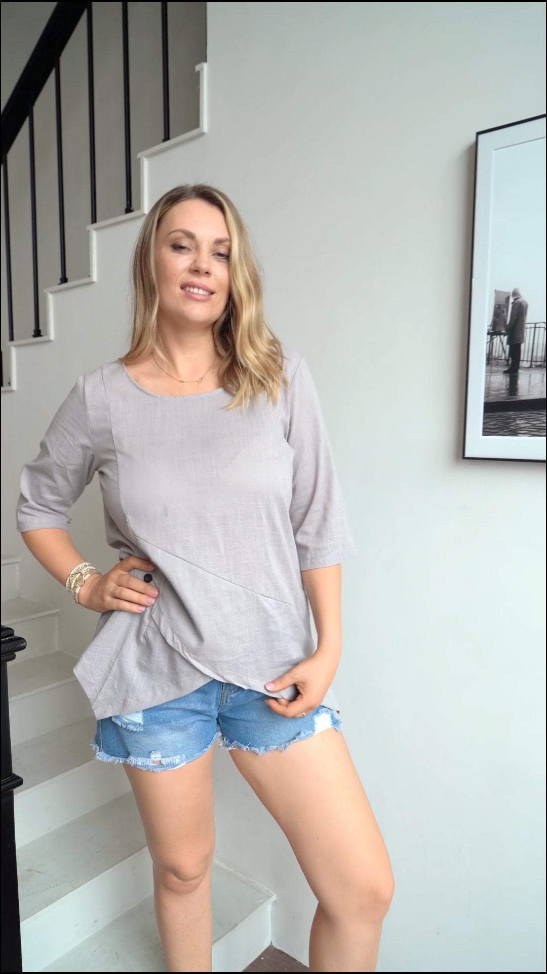 Casual V-neck Mid-sleeve Top