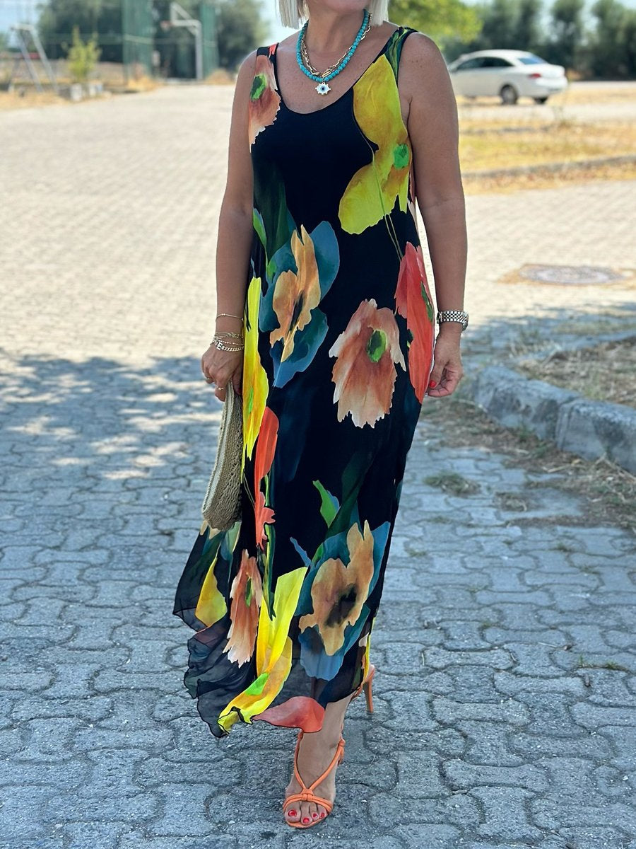 Scoop Neck Sleeveless Printed Maxi Dress