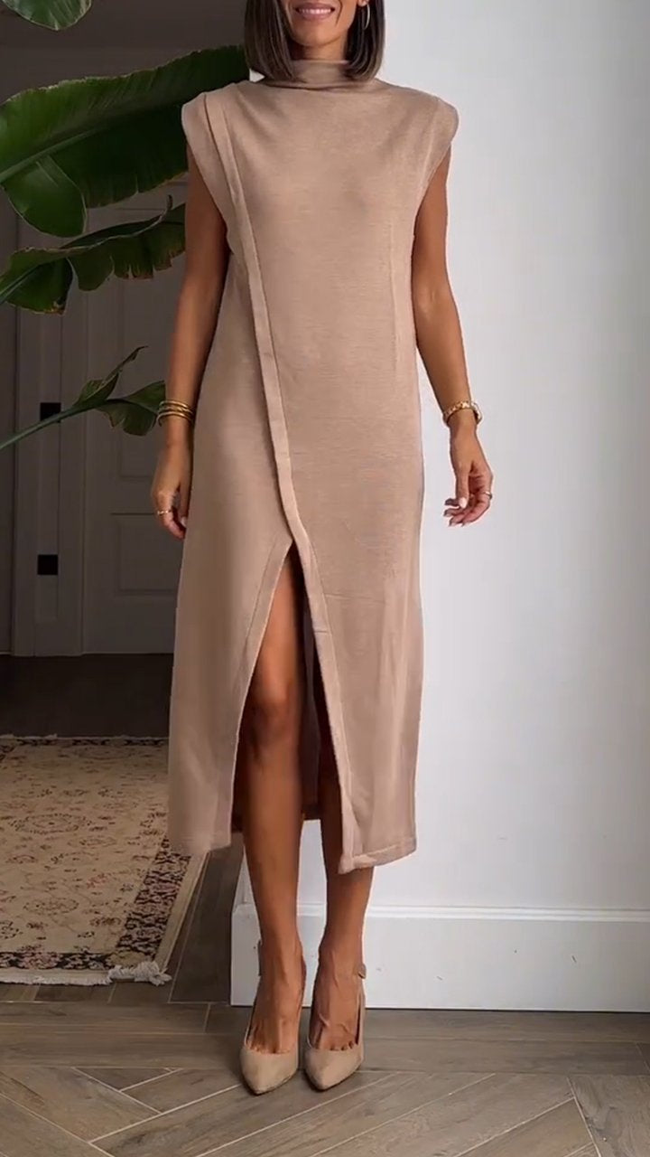 Round Neck Cap Sleeve Slit Dress