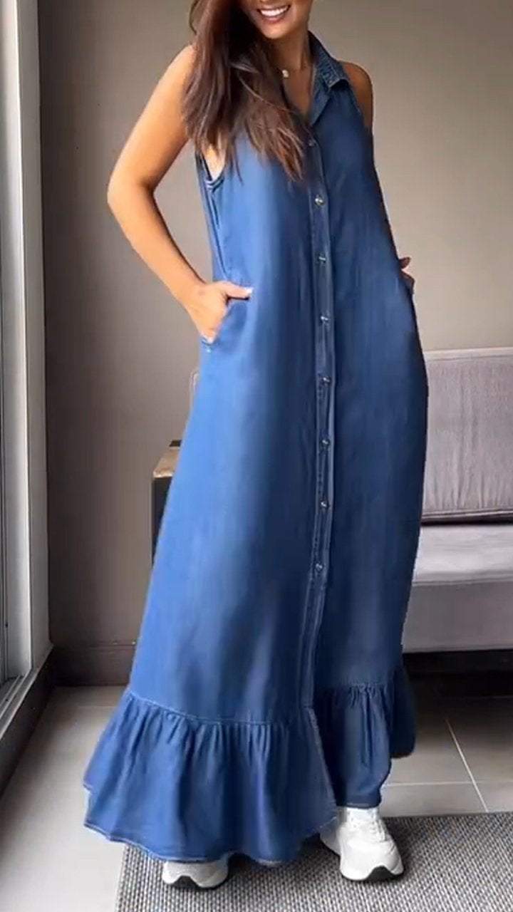 Thin Denim Sleeveless Lapel Dress