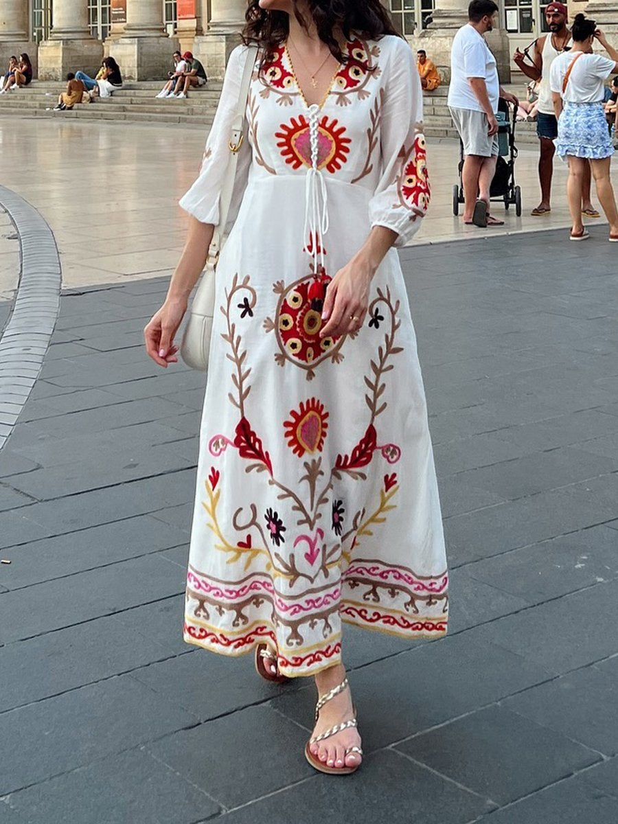 Embroidery Tie Up Long Sleeve Dress